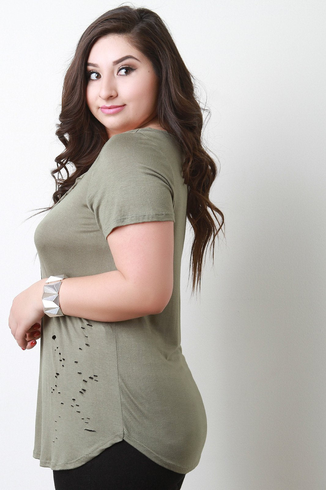 Jersey Knit Braided Cutout Distressed Top