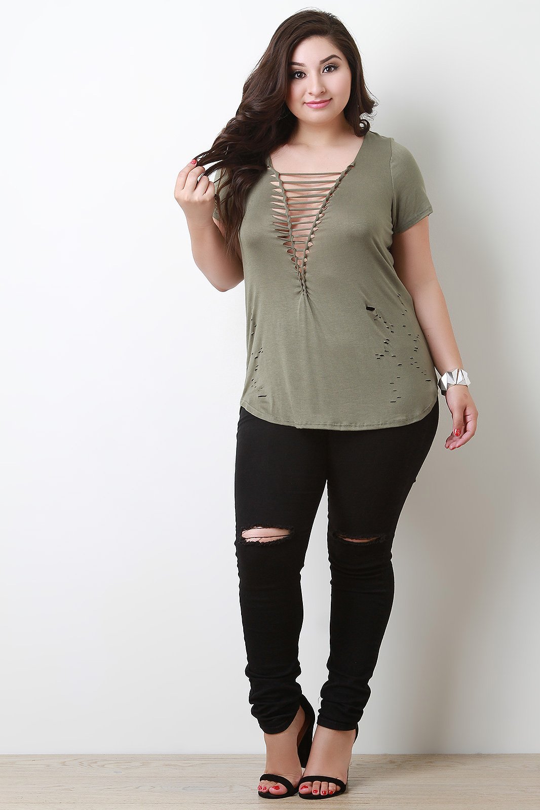 Jersey Knit Braided Cutout Distressed Top