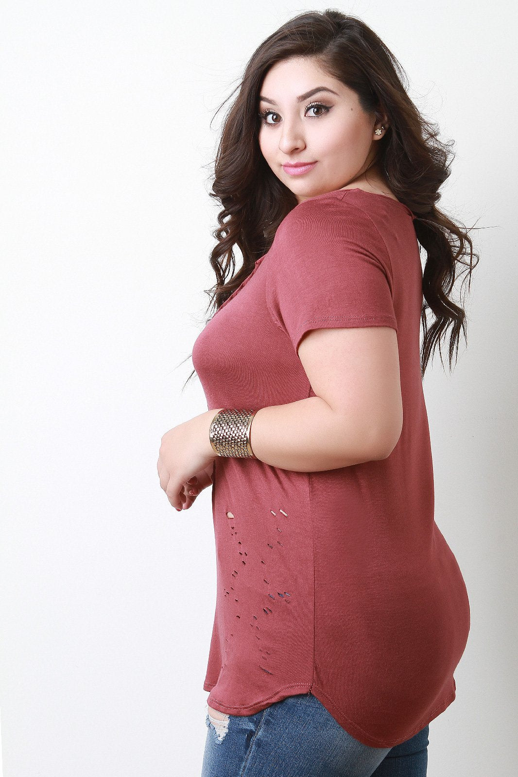 Jersey Knit Braided Cutout Distressed Top