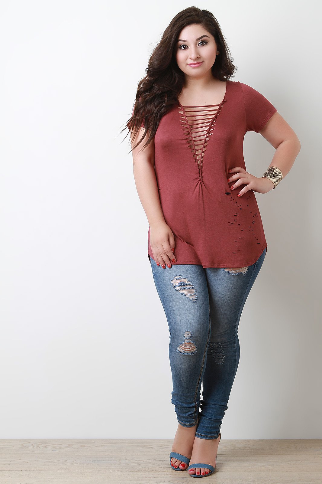Jersey Knit Braided Cutout Distressed Top
