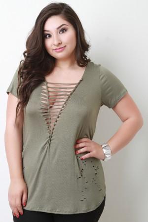 Jersey Knit Braided Cutout Distressed Top
