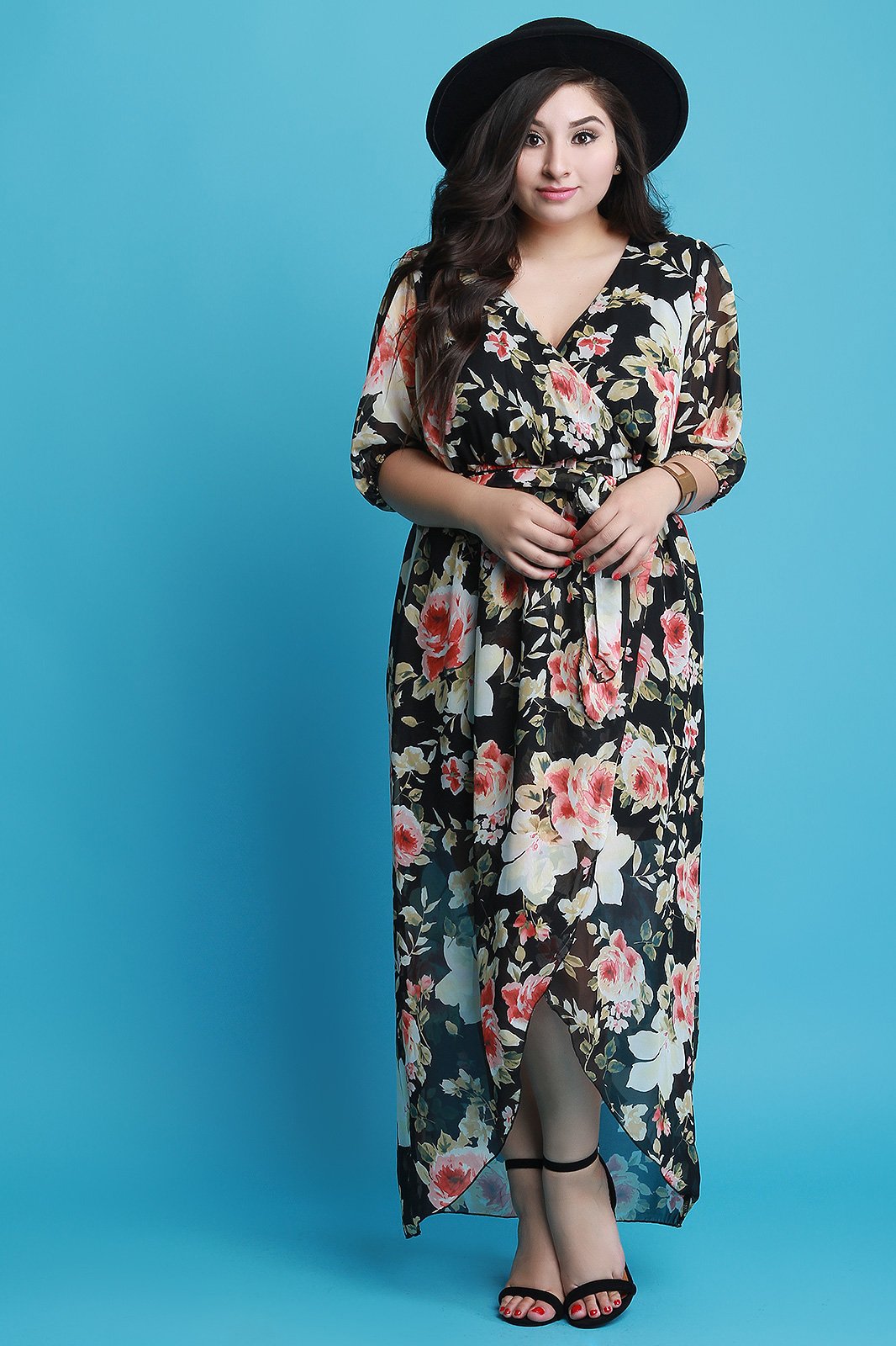 Surplice Floral Chiffon Mesh Tulip Maxi Dress