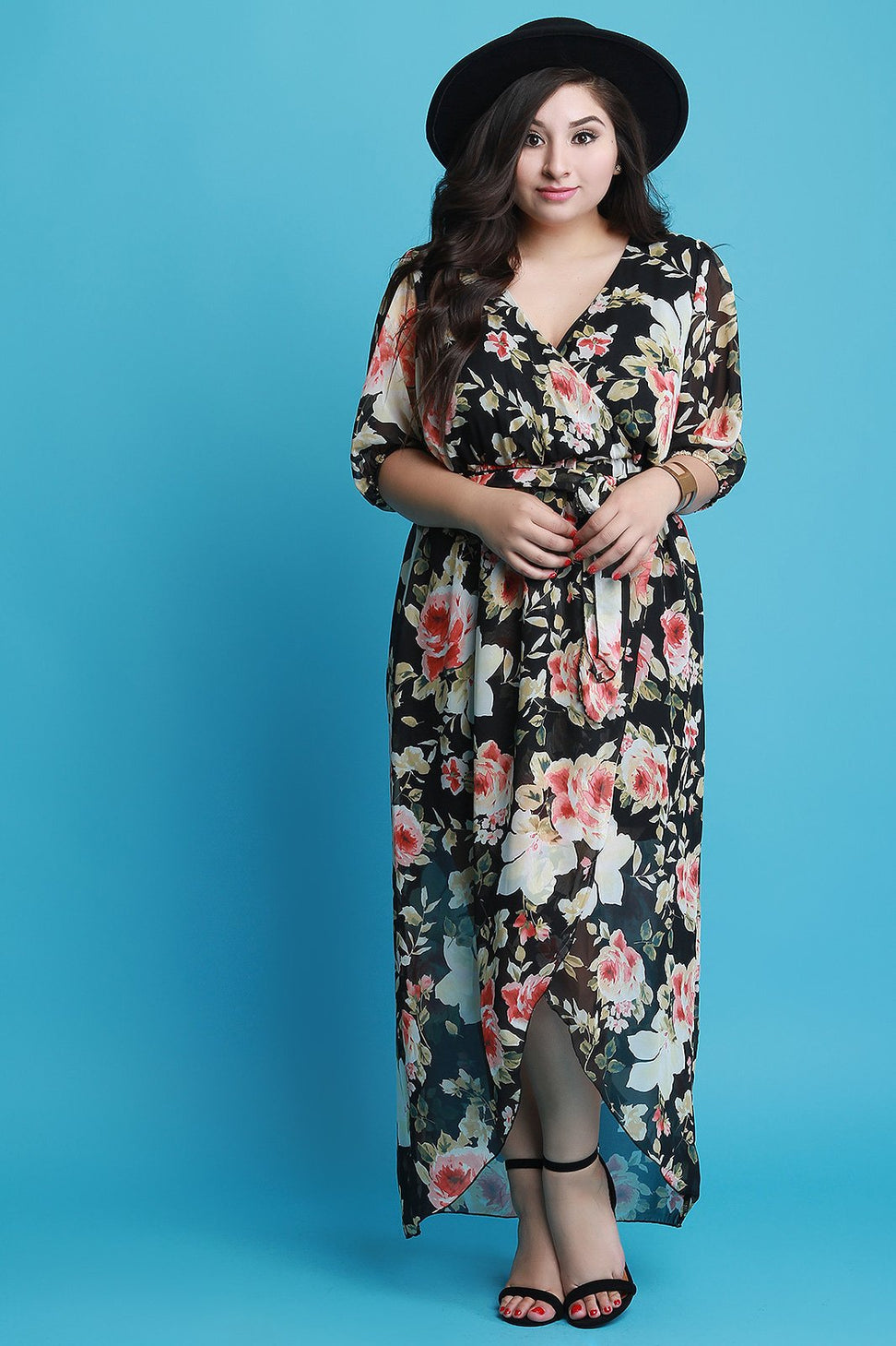 Surplice Floral Chiffon Mesh Tulip Maxi Dress