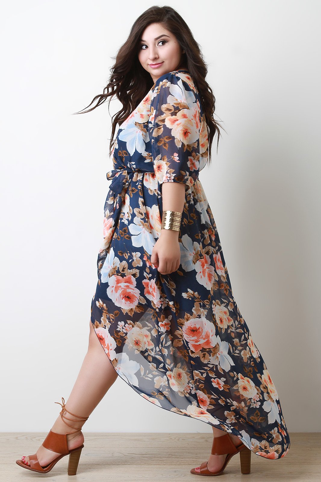 Surplice Floral Chiffon Mesh Tulip Maxi Dress
