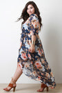Surplice Floral Chiffon Mesh Tulip Maxi Dress