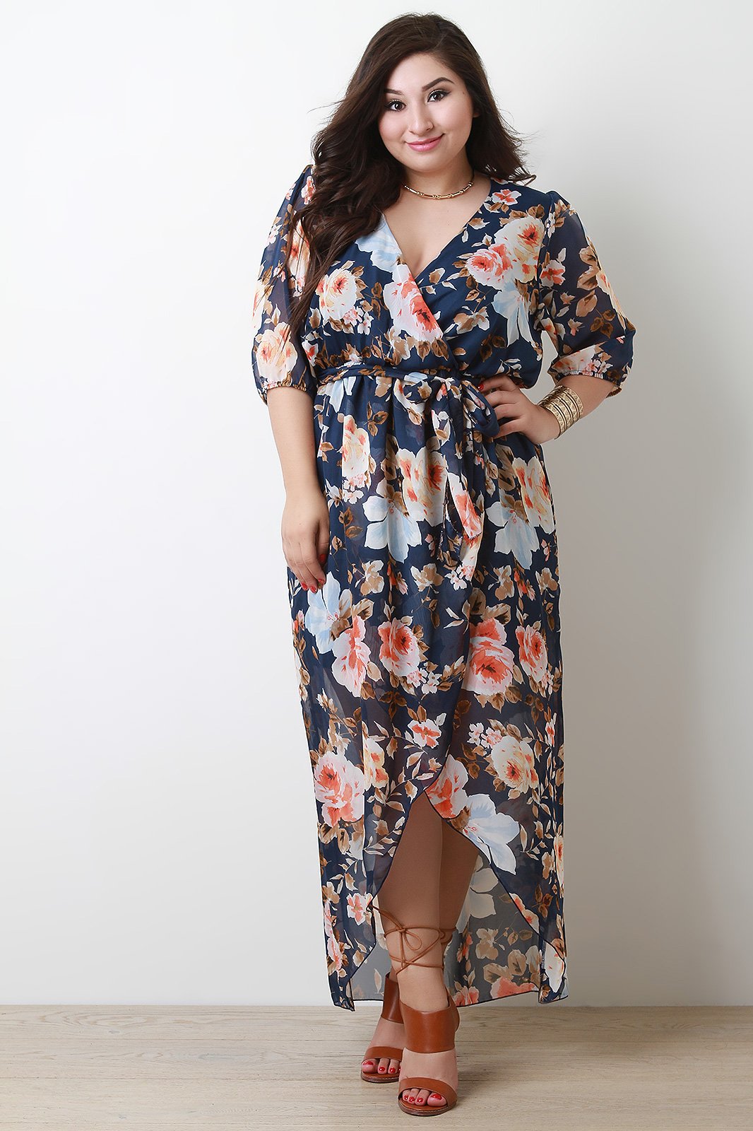 Surplice Floral Chiffon Mesh Tulip Maxi Dress