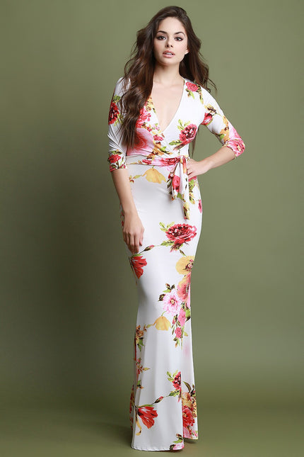 Floral Surplice Fitted Waist Sash Maxi Dress