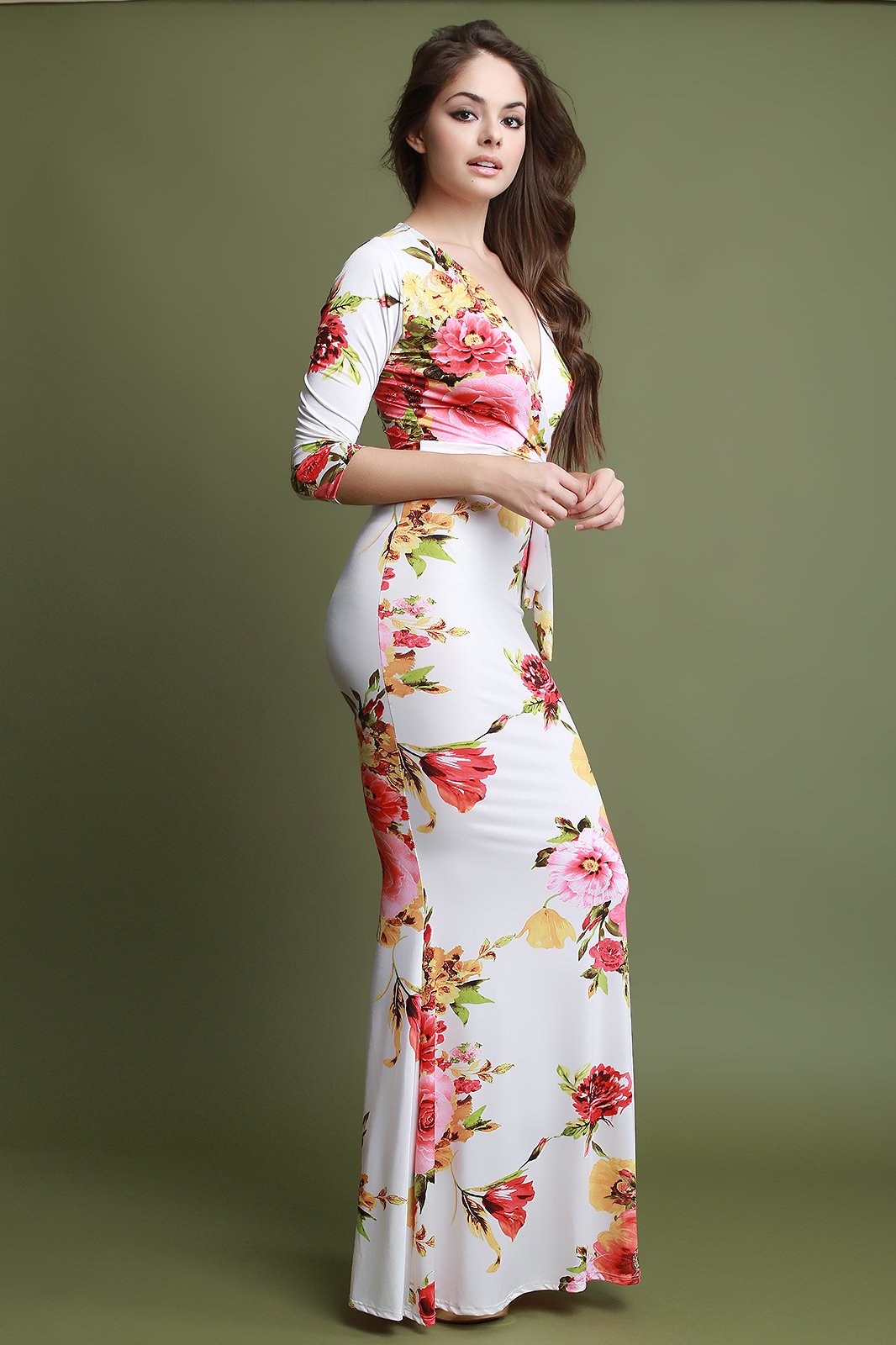 Floral Surplice Fitted Waist Sash Maxi Dress