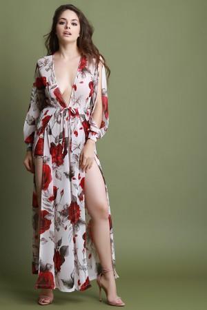 Plunging Neck Double Slits Floral Mesh Romper Maxi Dress