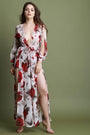 Plunging Neck Double Slits Floral Mesh Romper Maxi Dress