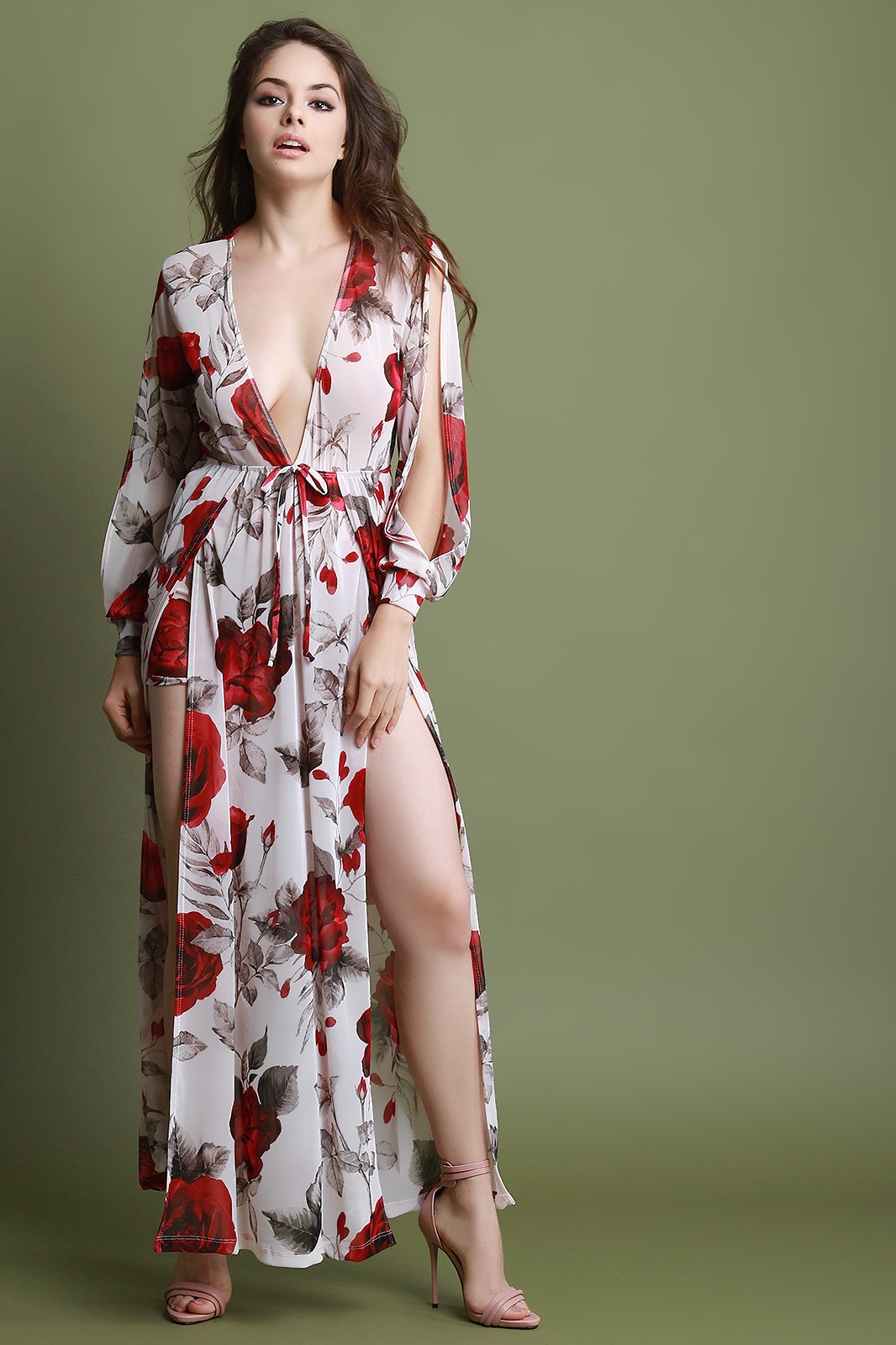 Plunging Neck Double Slits Floral Mesh Romper Maxi Dress