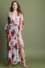 Plunging Neck Double Slits Floral Mesh Romper Maxi Dress