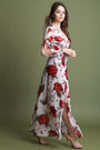 Plunging Neck Double Slits Floral Mesh Romper Maxi Dress