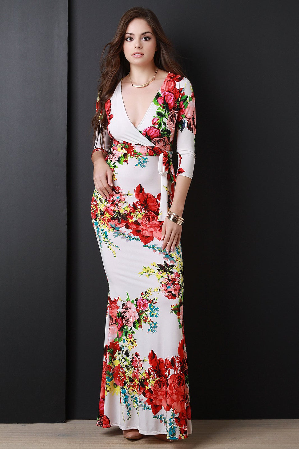 Floral Three Quarter Sleeve Surplice Fitted Maxi Dress