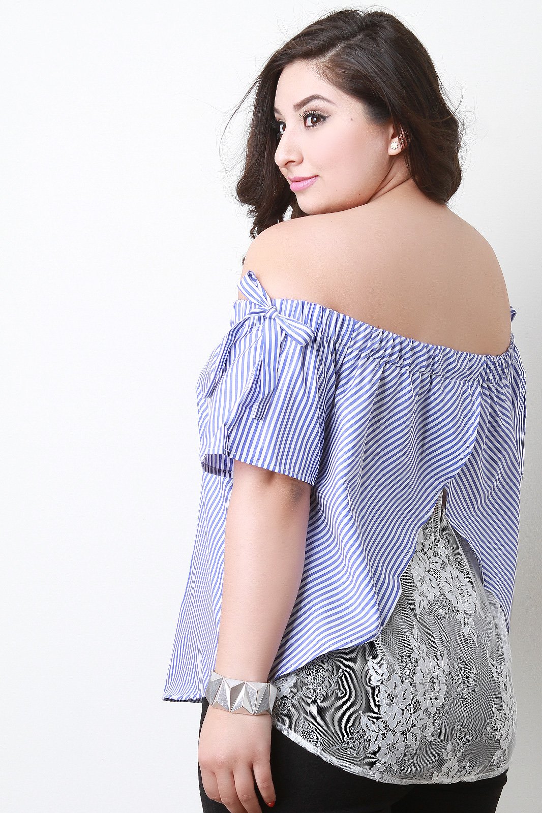 Striped Bardot Floral Lace Back Top