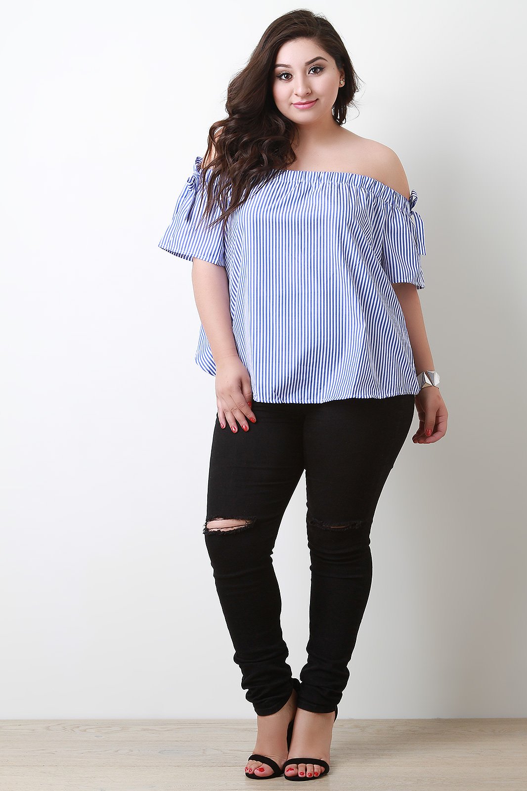 Striped Bardot Floral Lace Back Top