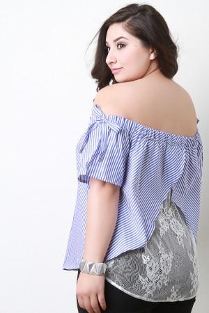 Striped Bardot Floral Lace Back Top