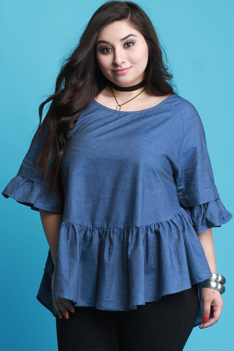 Lattice Weave Back Chambray Ruffle Top