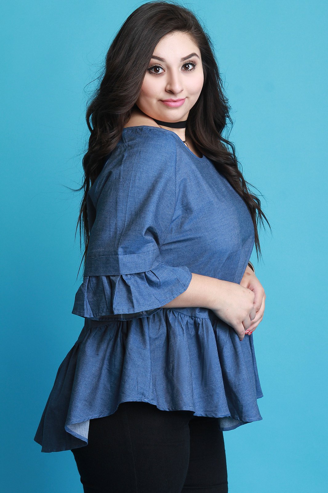 Lattice Weave Back Chambray Ruffle Top