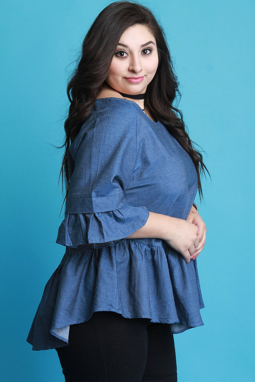 Lattice Weave Back Chambray Ruffle Top