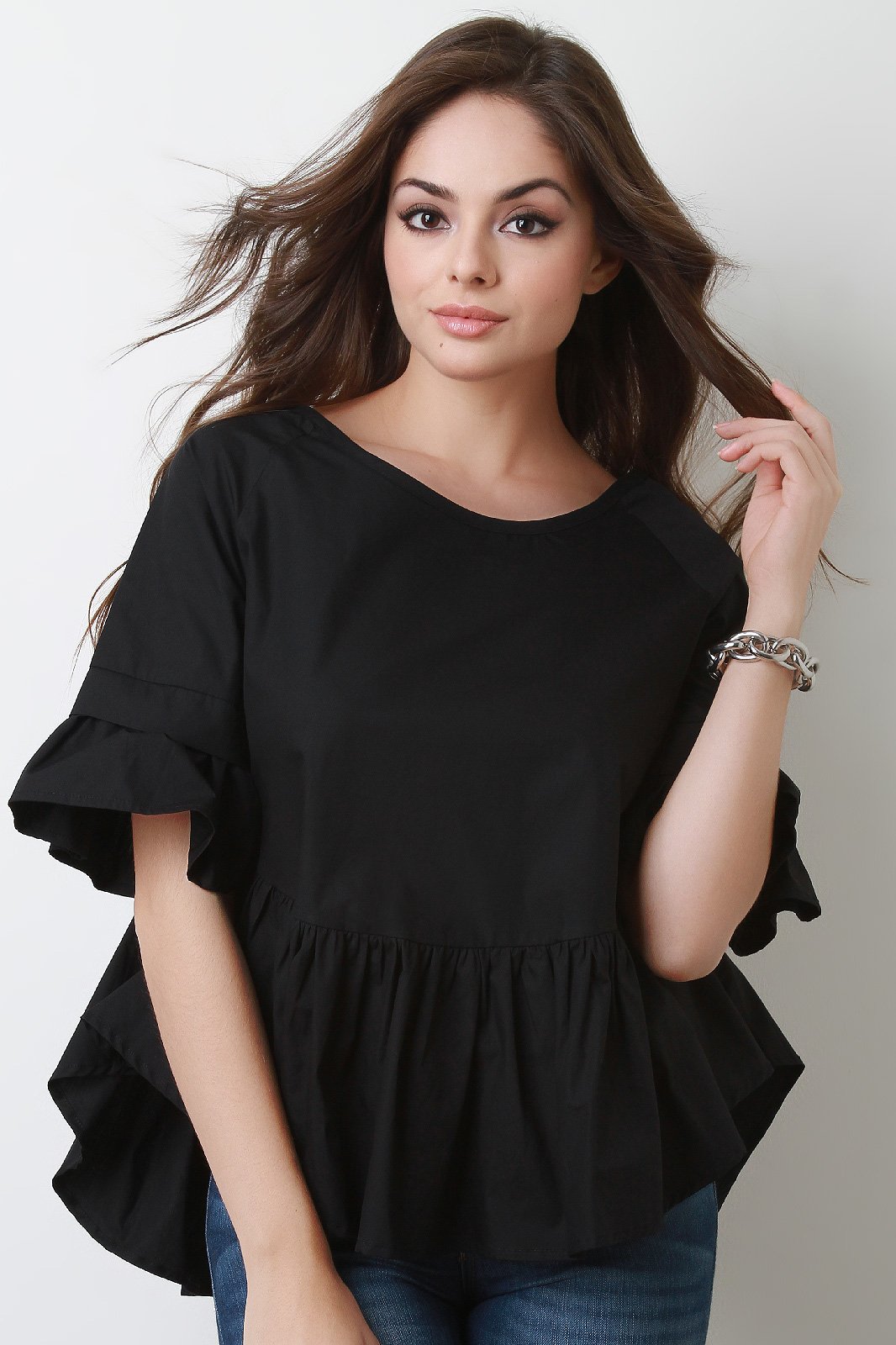 Ruffle Statement Sleeve Lattice Weave Back Top