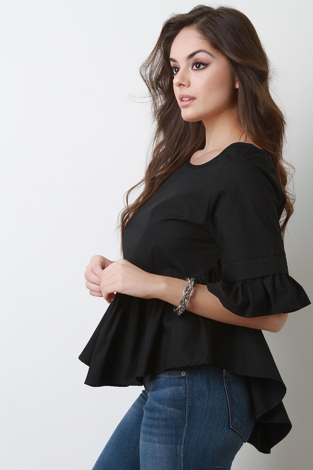 Ruffle Statement Sleeve Lattice Weave Back Top