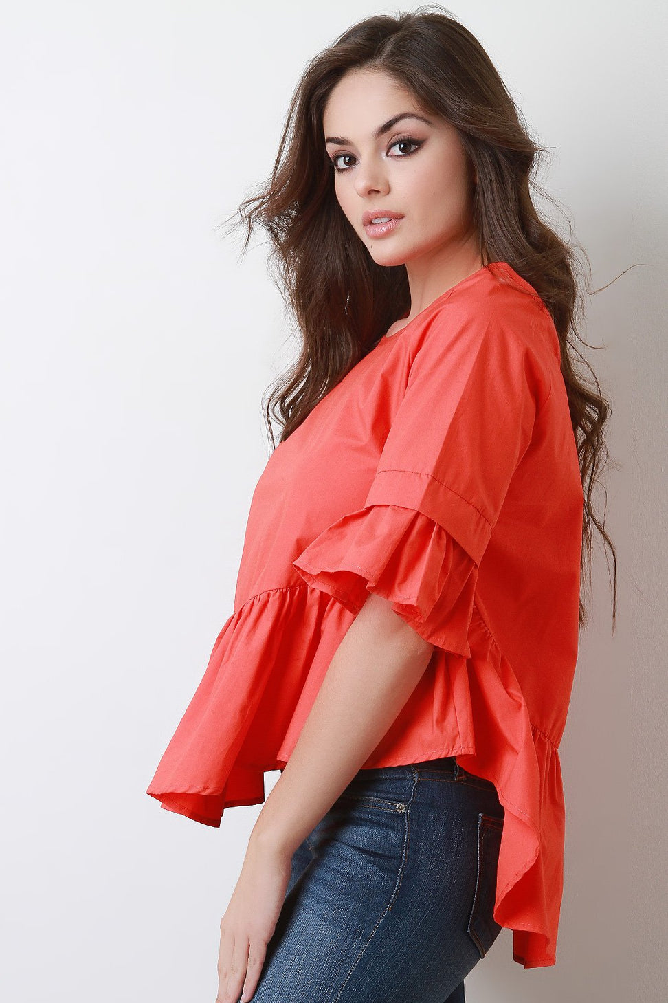 Ruffle Statement Sleeve Lattice Weave Back Top