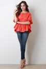 Ruffle Statement Sleeve Lattice Weave Back Top