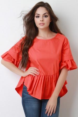 Ruffle Statement Sleeve Lattice Weave Back Top