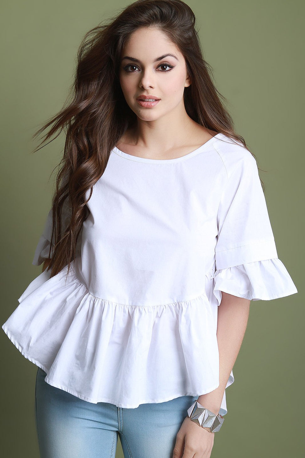 Ruffle Statement Sleeve Lattice Weave Back Top