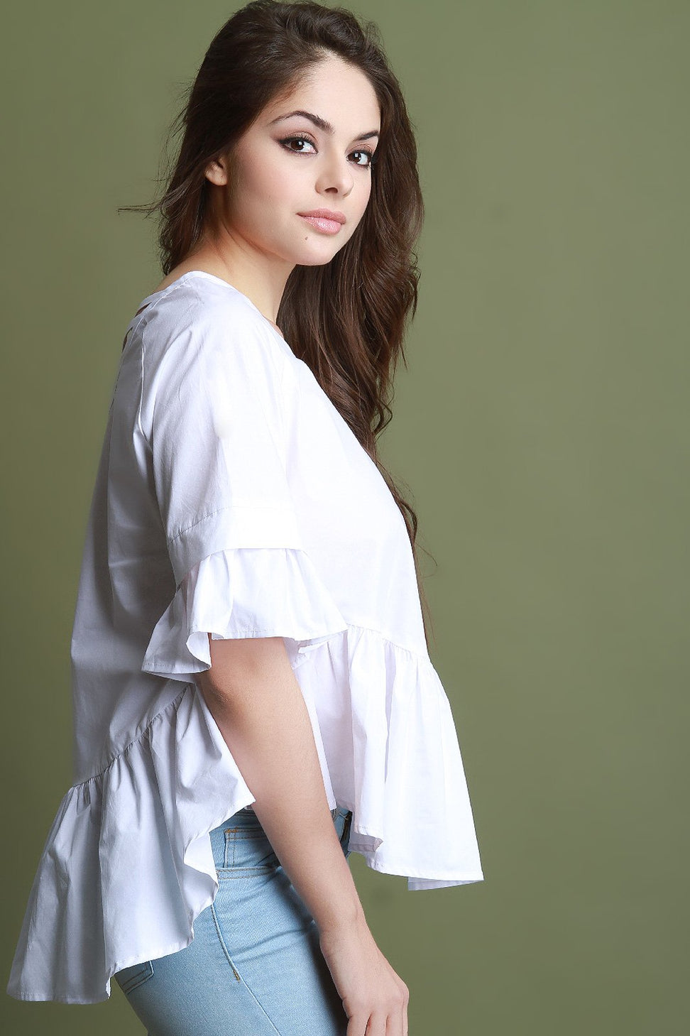 Ruffle Statement Sleeve Lattice Weave Back Top