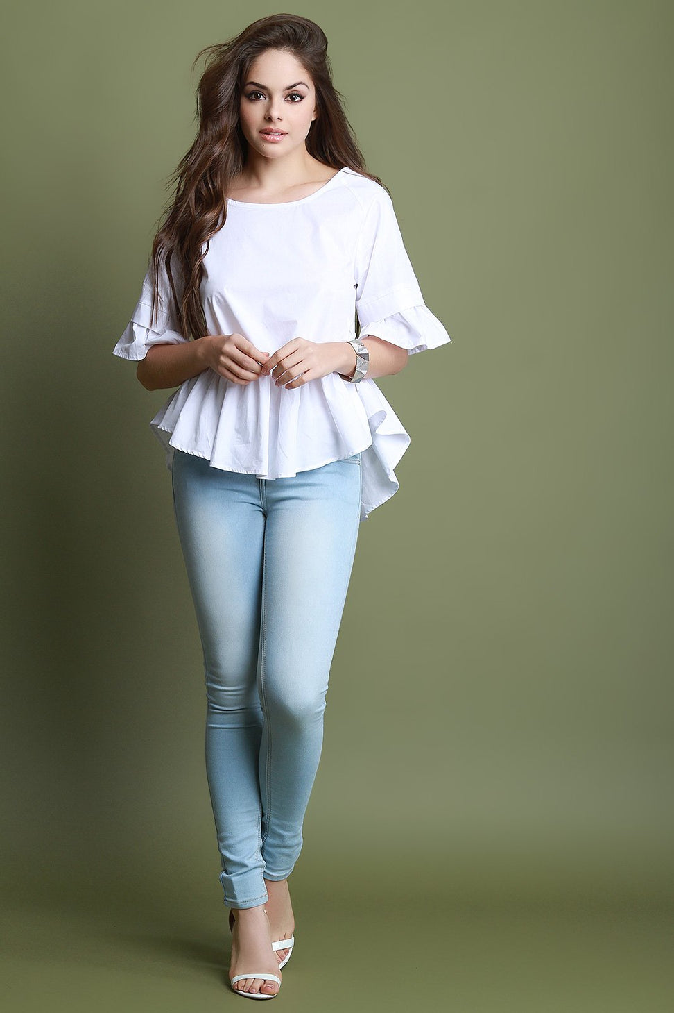 Ruffle Statement Sleeve Lattice Weave Back Top