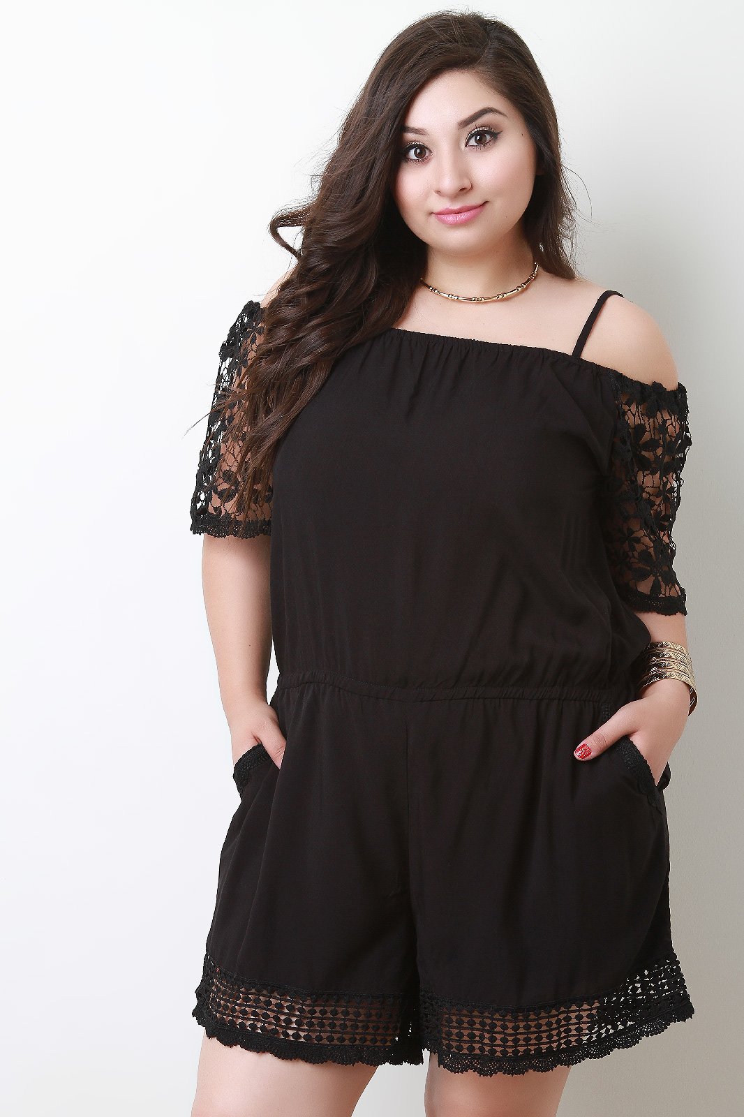 Cold Shoulder Floral Crochet Romper