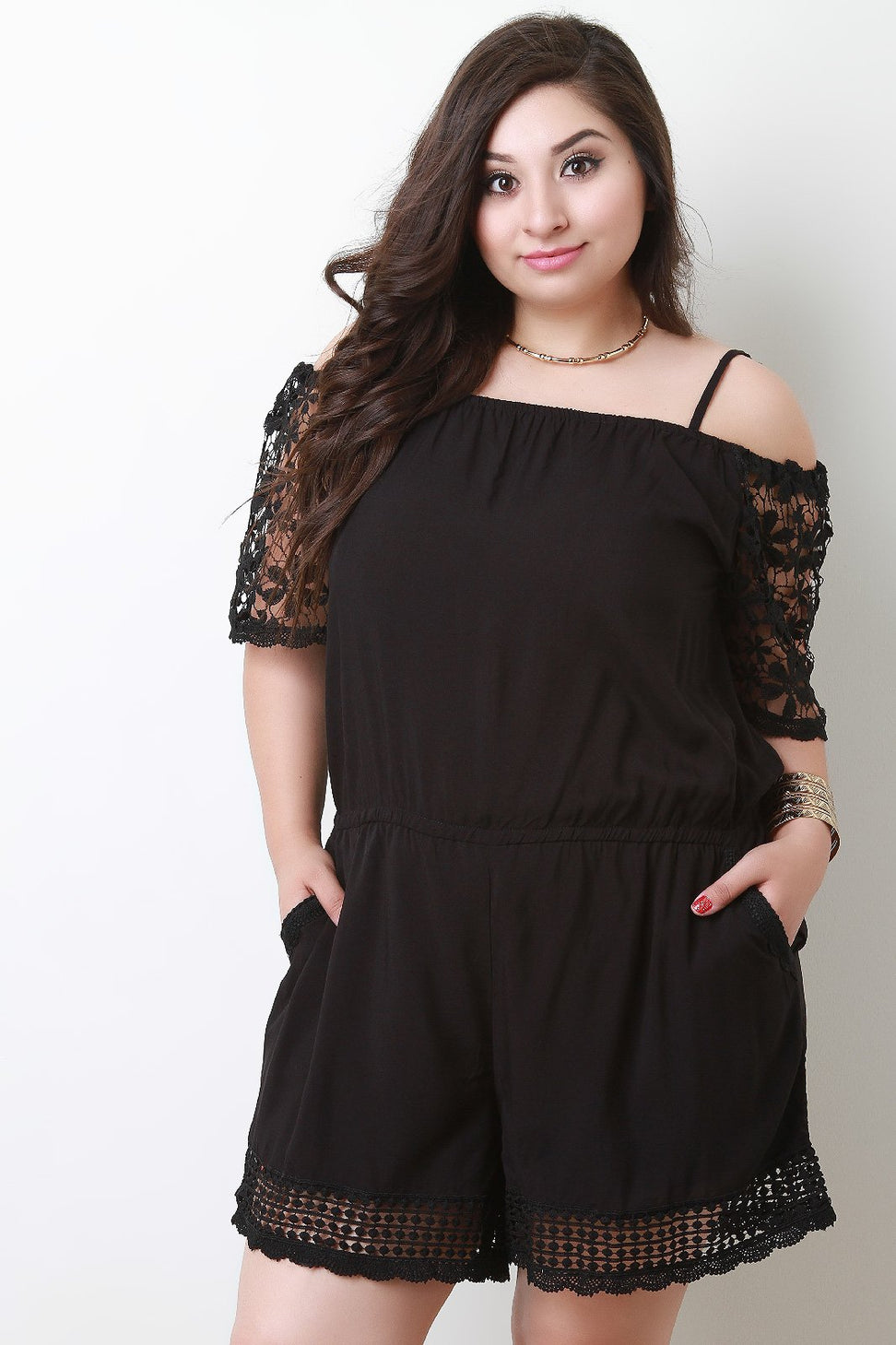 Cold Shoulder Floral Crochet Romper