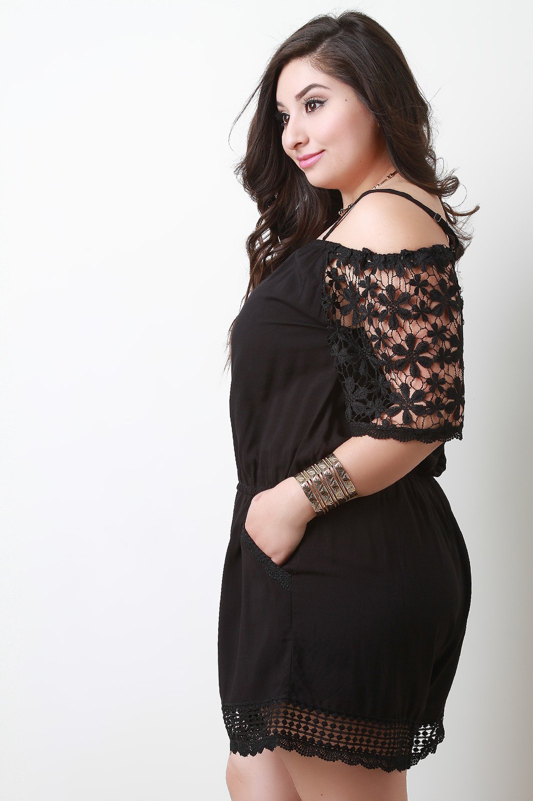 Cold Shoulder Floral Crochet Romper