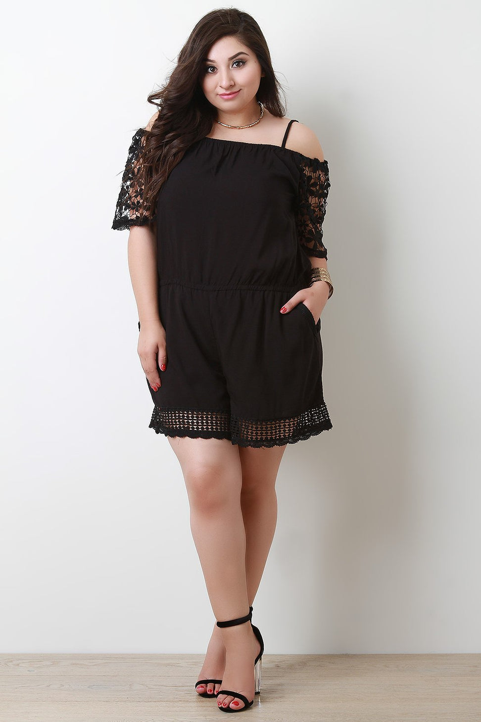 Cold Shoulder Floral Crochet Romper