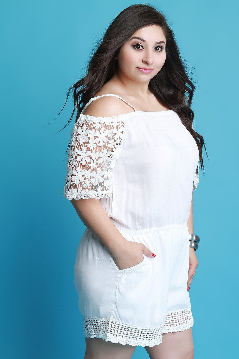 Cold Shoulder Floral Crochet Romper