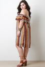 Chiffon Tribal Stripe Off-The-Shoulder Ruffle Midi Dress