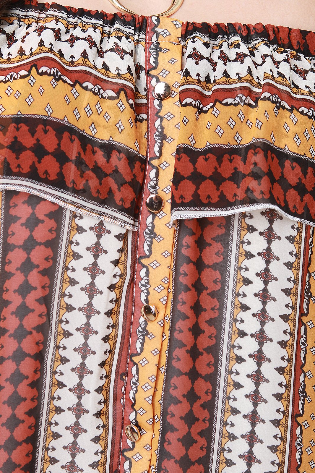 Chiffon Tribal Stripe Off-The-Shoulder Ruffle Midi Dress