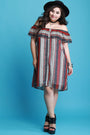 Chiffon Tribal Stripe Off-The-Shoulder Ruffle Midi Dress