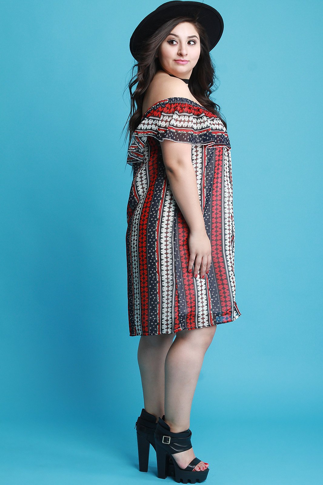 Chiffon Tribal Stripe Off-The-Shoulder Ruffle Midi Dress