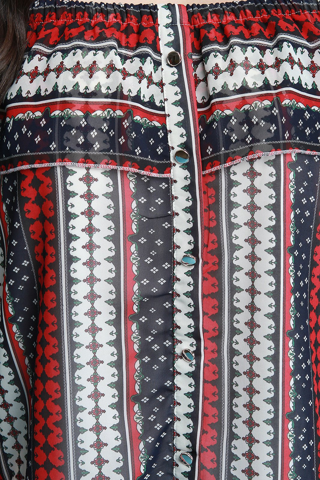 Chiffon Tribal Stripe Off-The-Shoulder Ruffle Midi Dress