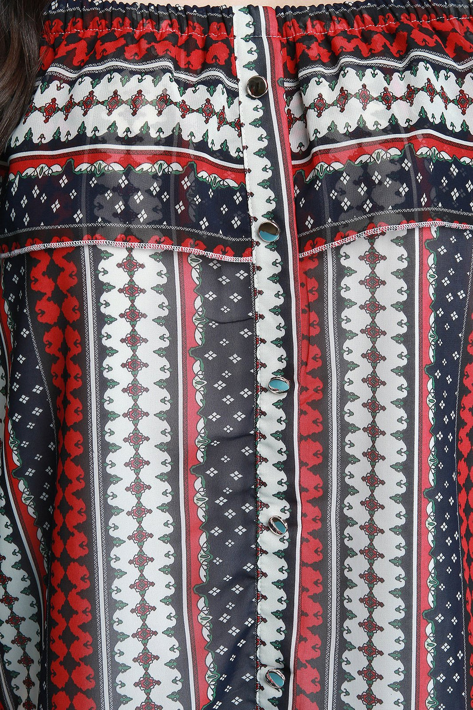 Chiffon Tribal Stripe Off-The-Shoulder Ruffle Midi Dress