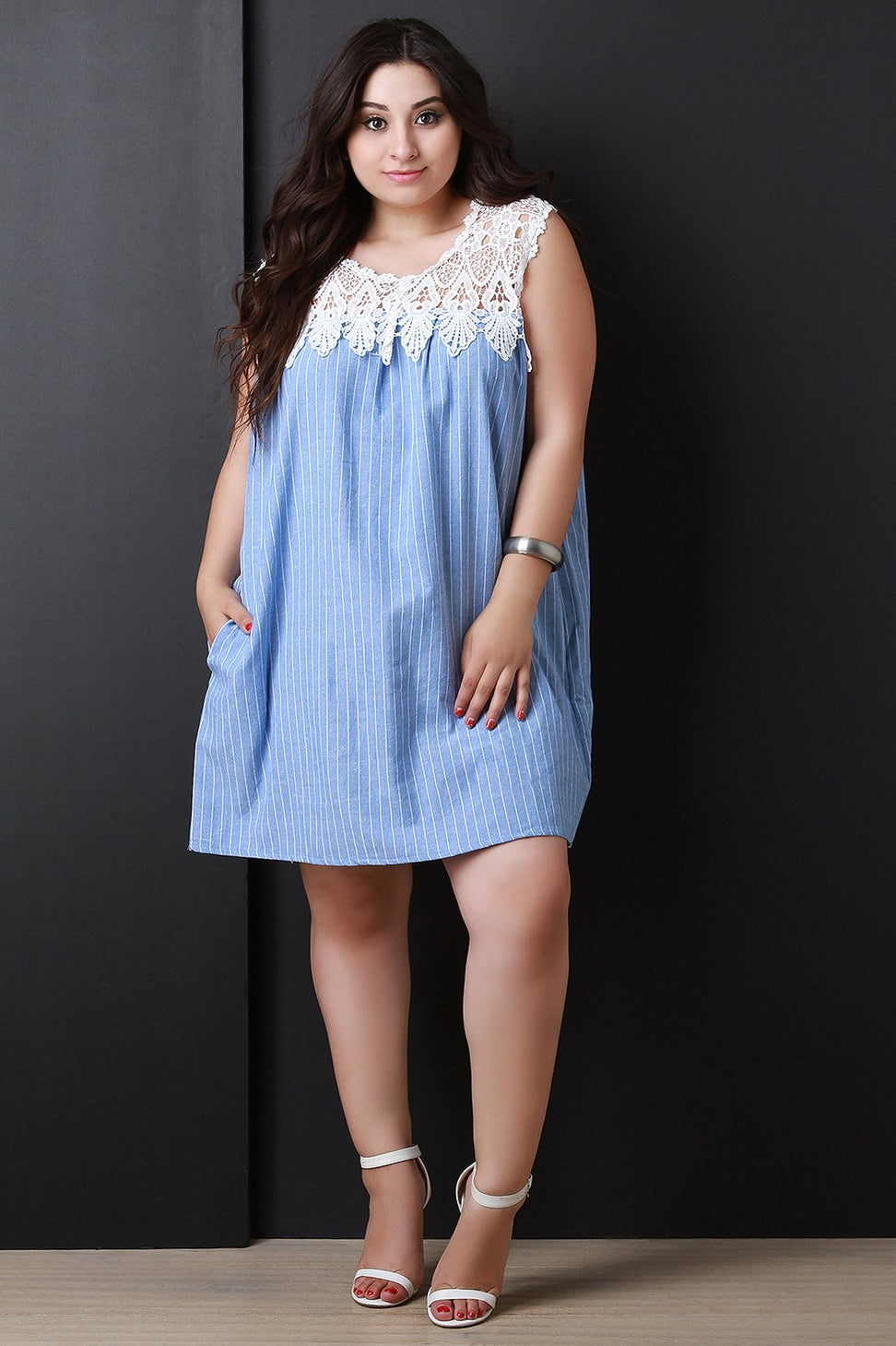 Pinstriped Floral Crochet Pocket Shift Dress