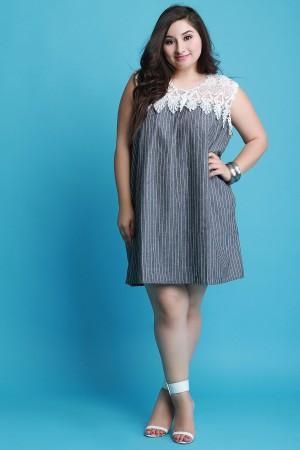 Pinstriped Floral Crochet Pocket Shift Dress