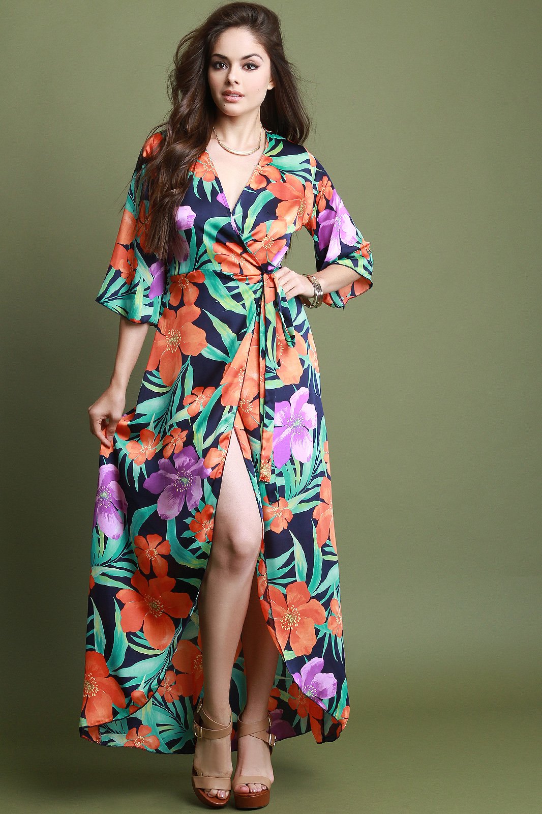 Kimono Sleeves Floral Wrap Maxi Dress