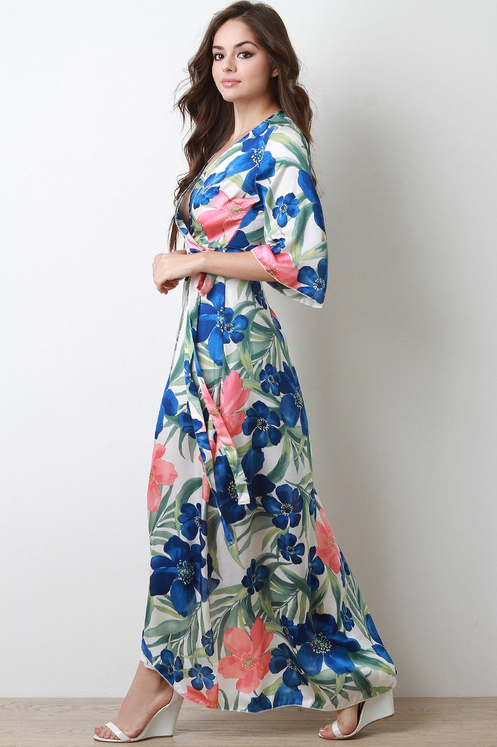 Kimono Sleeves Floral Wrap Maxi Dress