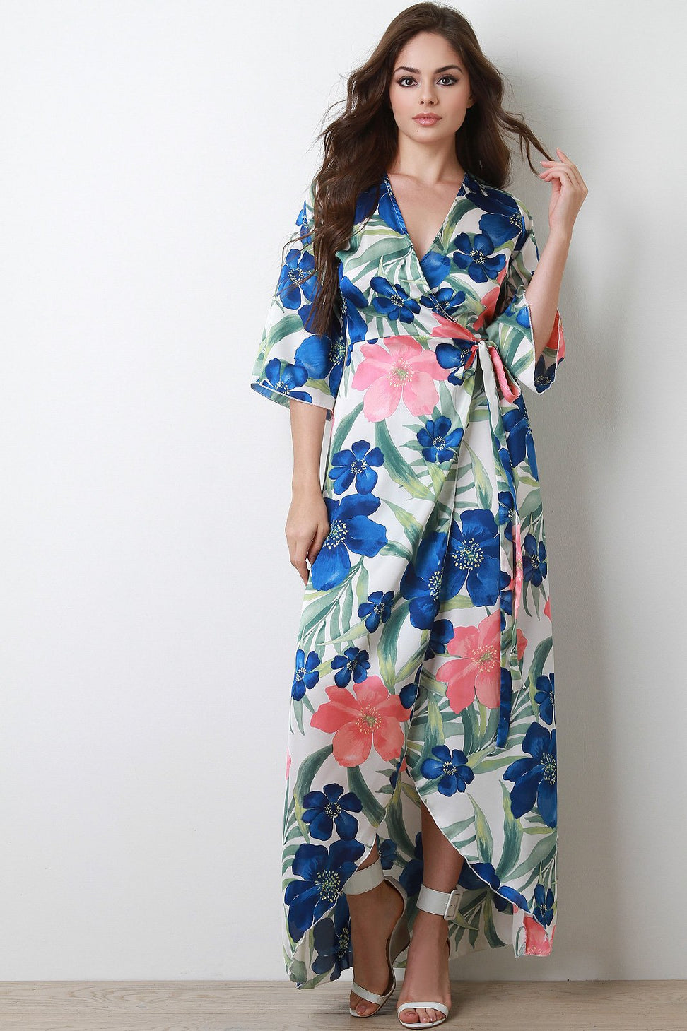 Kimono Sleeves Floral Wrap Maxi Dress