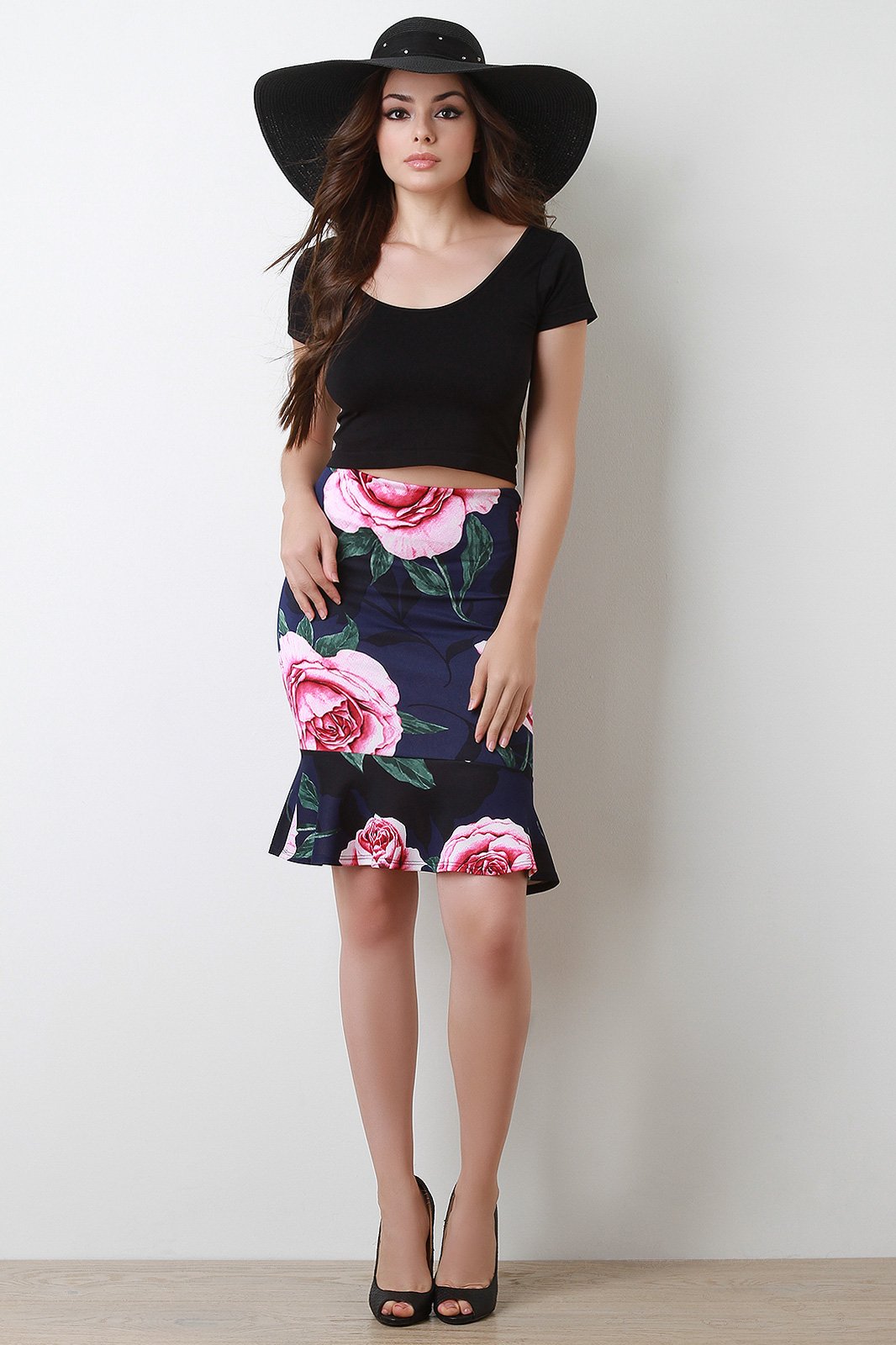 Floral High Waisted Peplum Hem Skirt