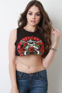 Graphic Print Draped Chain Raw Edge Crop Top